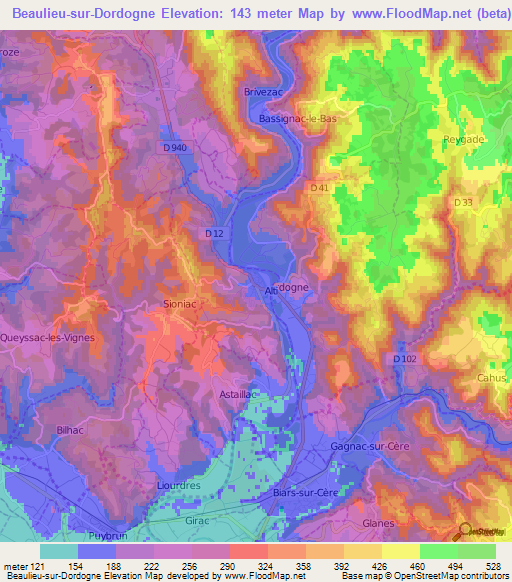 Beaulieu-sur-Dordogne,France Elevation Map