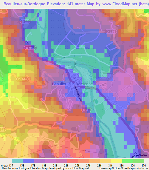 Beaulieu-sur-Dordogne,France Elevation Map