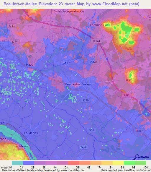 Beaufort-en-Vallee,France Elevation Map