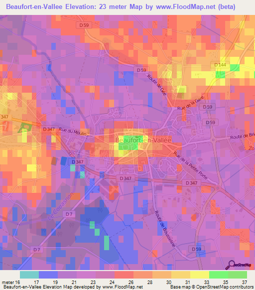 Beaufort-en-Vallee,France Elevation Map