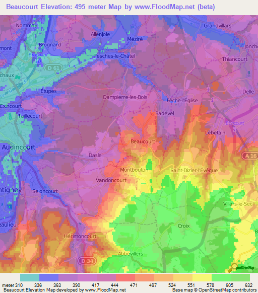 Beaucourt,France Elevation Map