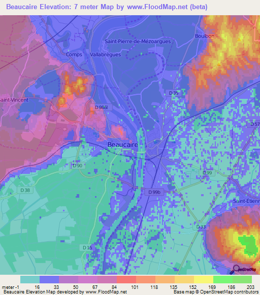 Beaucaire,France Elevation Map
