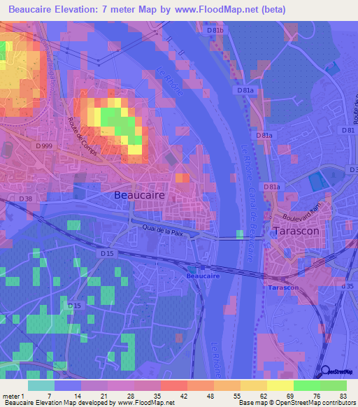 Beaucaire,France Elevation Map