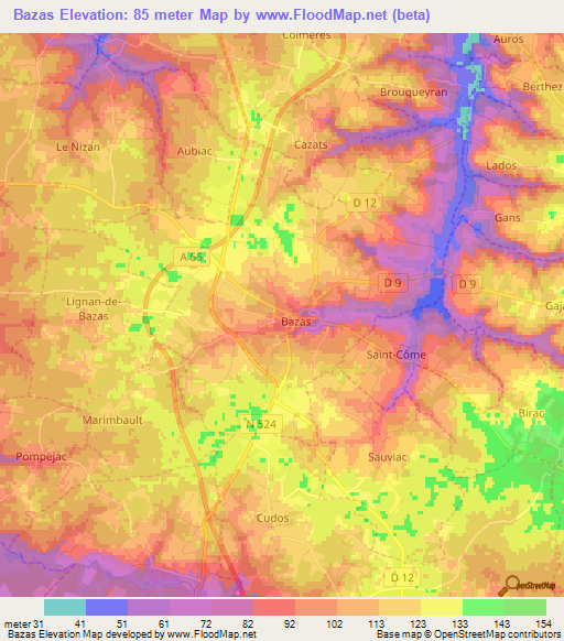 Bazas,France Elevation Map