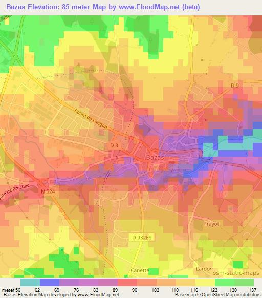 Bazas,France Elevation Map