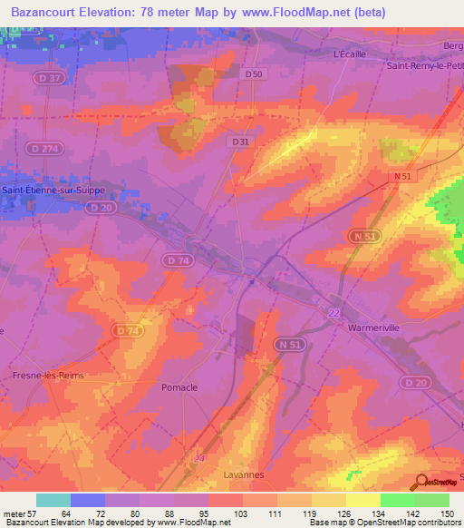 Bazancourt,France Elevation Map