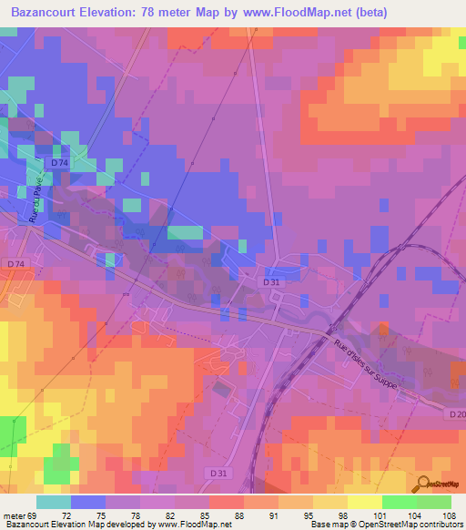 Bazancourt,France Elevation Map