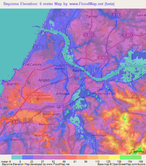 Bayonne,France Elevation Map