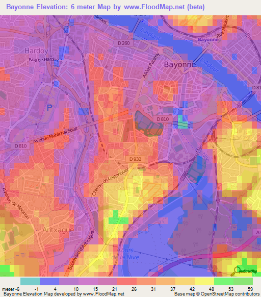 Bayonne,France Elevation Map