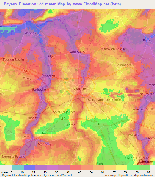 Bayeux,France Elevation Map