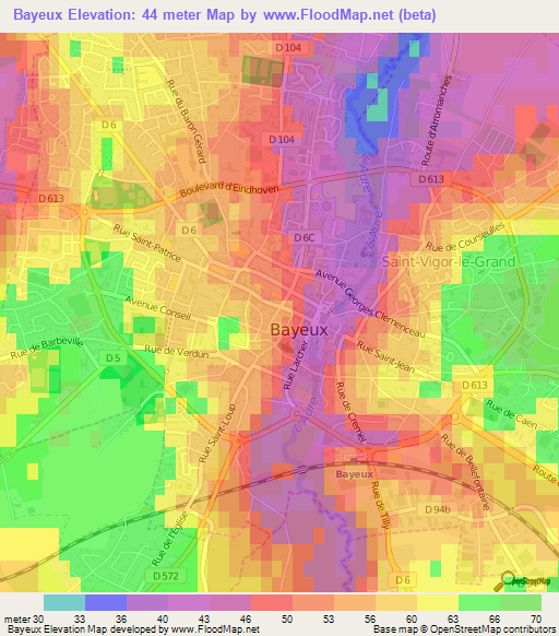 Bayeux,France Elevation Map