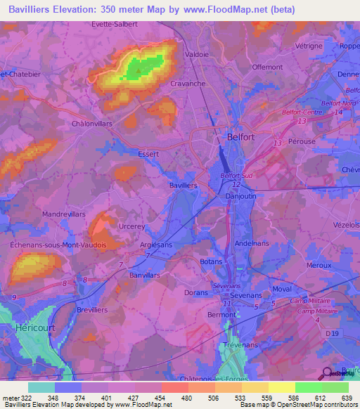 Bavilliers,France Elevation Map