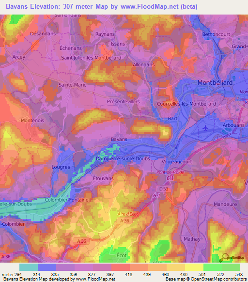 Bavans,France Elevation Map