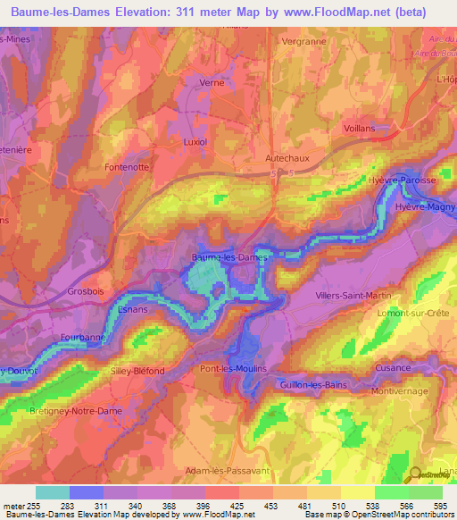 Baume-les-Dames,France Elevation Map