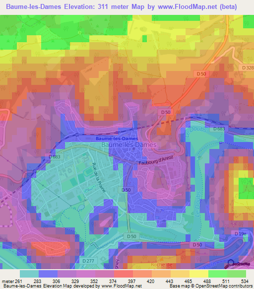 Baume-les-Dames,France Elevation Map