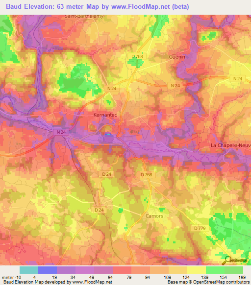 Baud,France Elevation Map