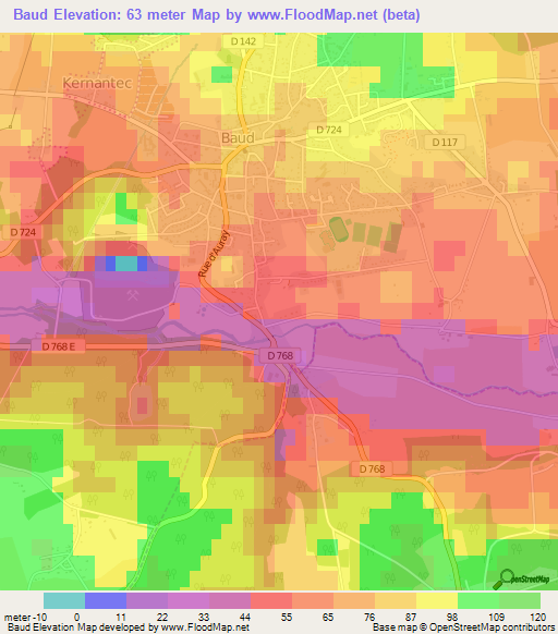 Baud,France Elevation Map