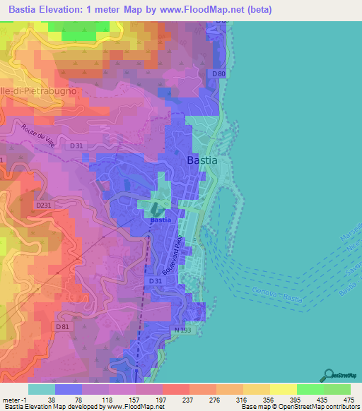 Bastia,France Elevation Map