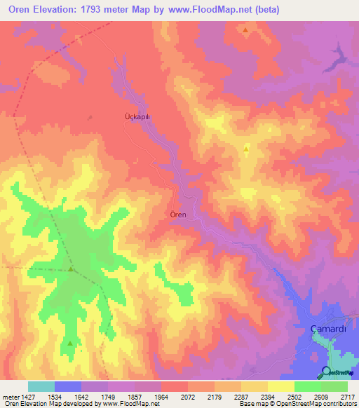 Oren,Turkey Elevation Map