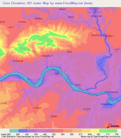 Oren,Turkey Elevation Map