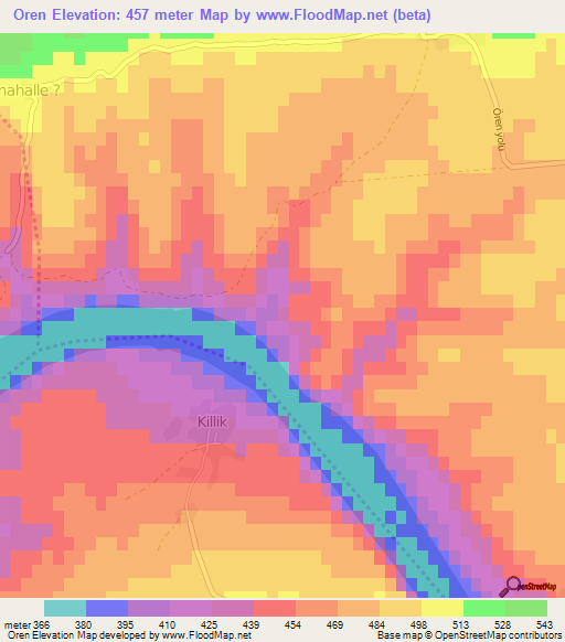 Oren,Turkey Elevation Map