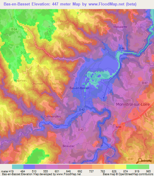 Bas-en-Basset,France Elevation Map