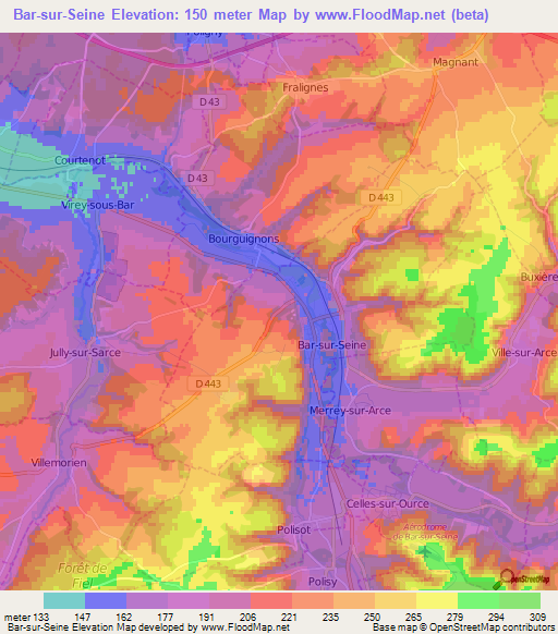 Bar-sur-Seine,France Elevation Map