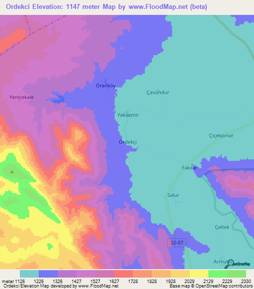 Ordekci,Turkey Elevation Map