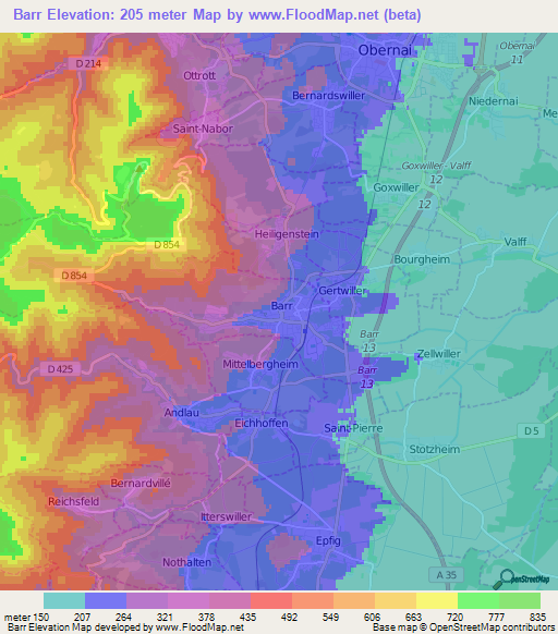 Barr,France Elevation Map