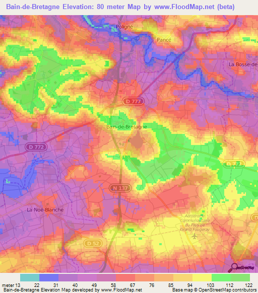 Bain-de-Bretagne,France Elevation Map