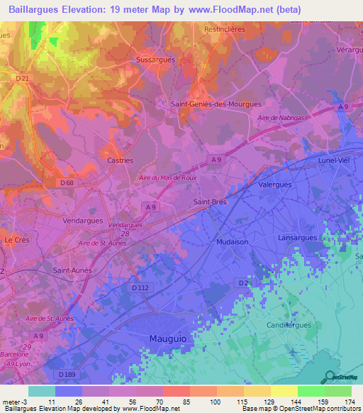 Baillargues,France Elevation Map