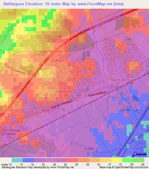 Baillargues,France Elevation Map