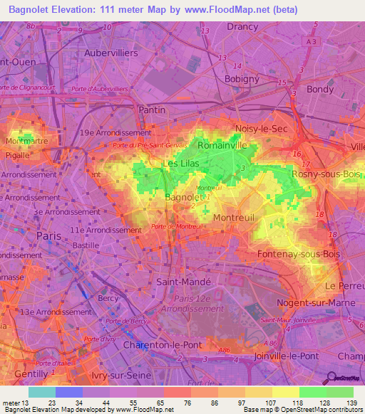 Bagnolet,France Elevation Map