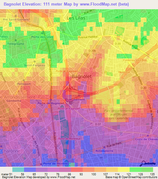 Bagnolet,France Elevation Map