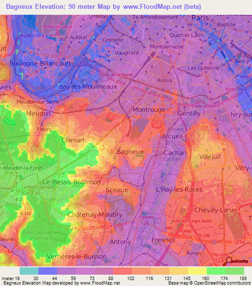 Bagneux,France Elevation Map