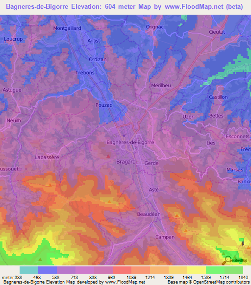 Bagneres-de-Bigorre,France Elevation Map