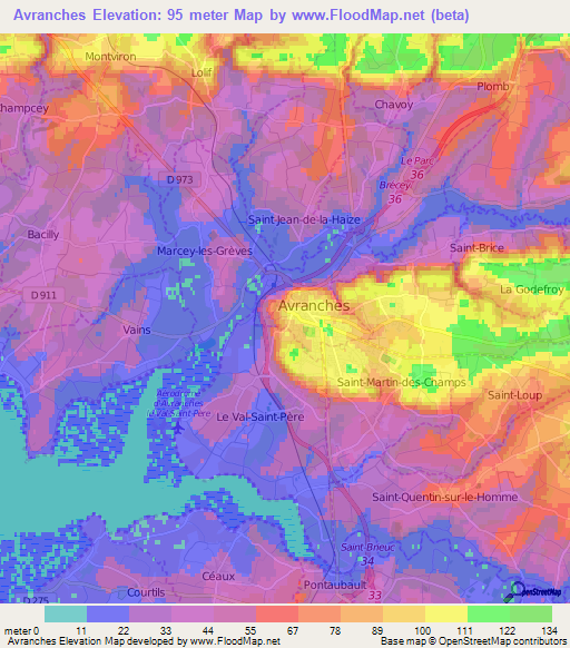 Avranches,France Elevation Map