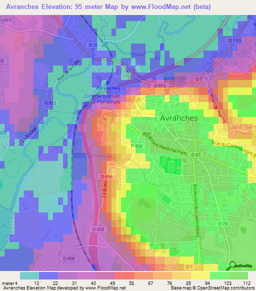 Avranches,France Elevation Map