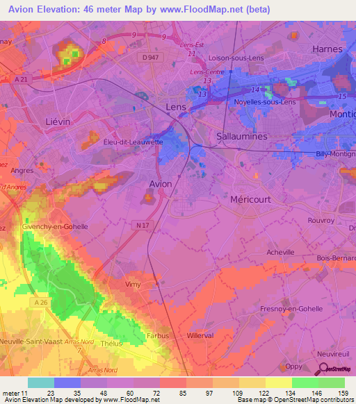 Avion,France Elevation Map