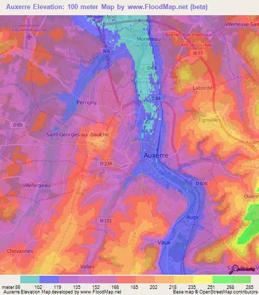 Auxerre,France Elevation Map