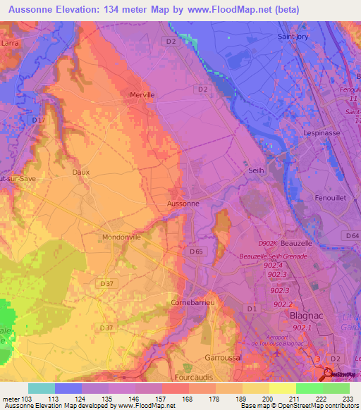 Aussonne,France Elevation Map