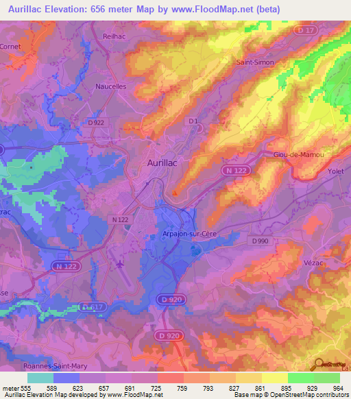 Aurillac,France Elevation Map