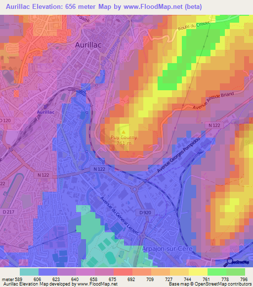 Aurillac,France Elevation Map