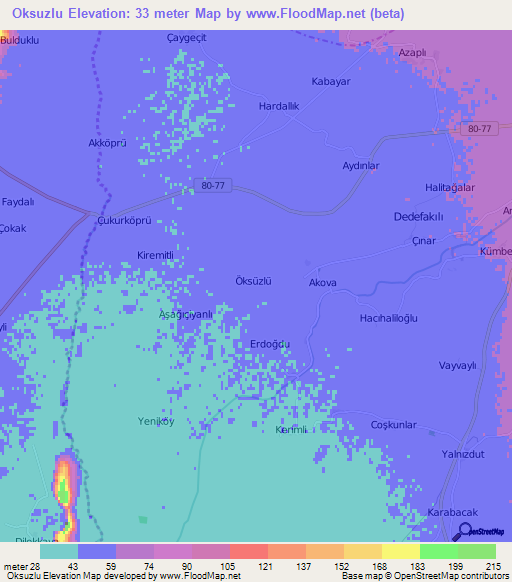 Oksuzlu,Turkey Elevation Map