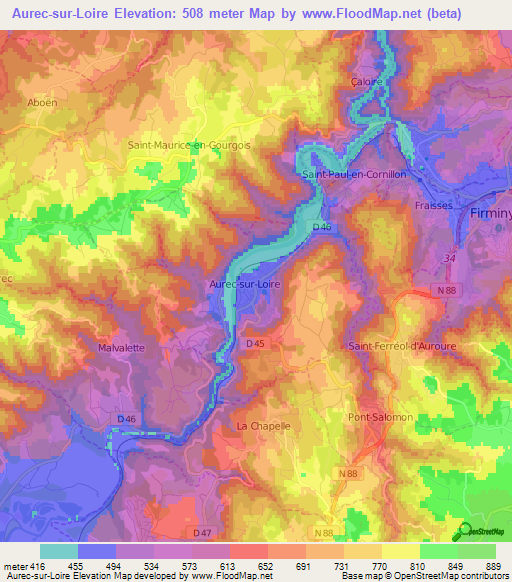 Aurec-sur-Loire,France Elevation Map