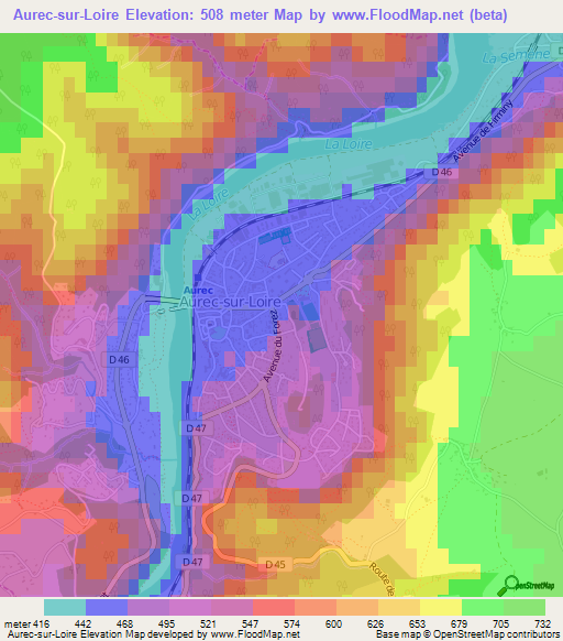 Aurec-sur-Loire,France Elevation Map