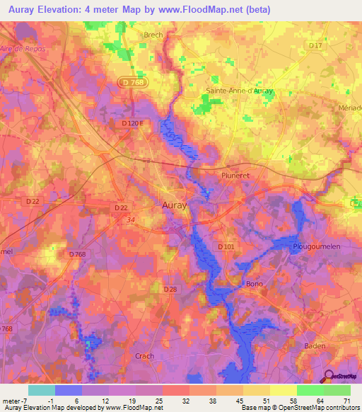 Auray,France Elevation Map