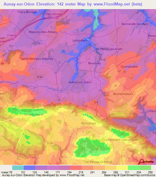 Aunay-sur-Odon,France Elevation Map