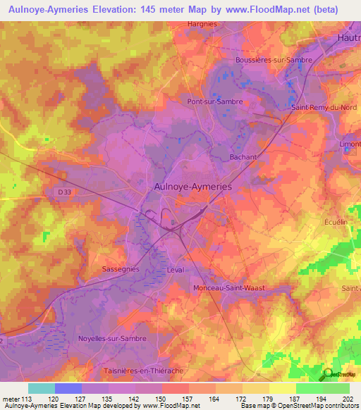Aulnoye-Aymeries,France Elevation Map