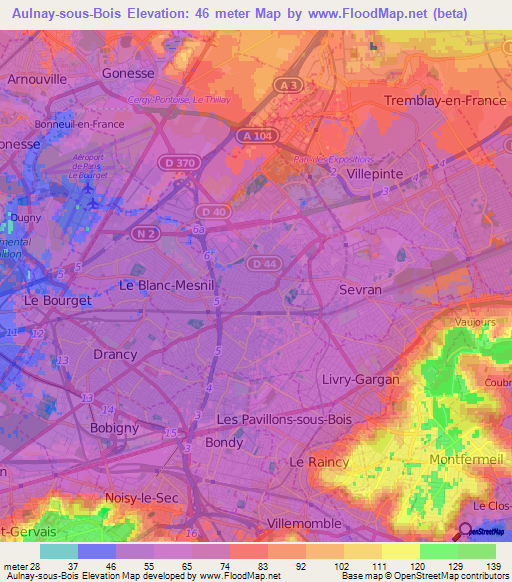 Aulnay-sous-Bois,France Elevation Map